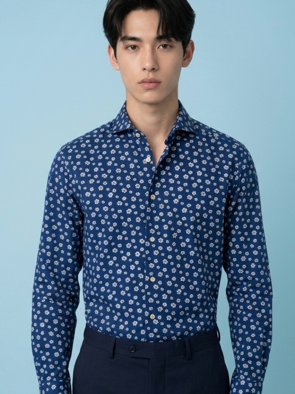 Romeo Gigli Milano Slim Denim Slate Blue Floral Button-Up Shirt-43/17